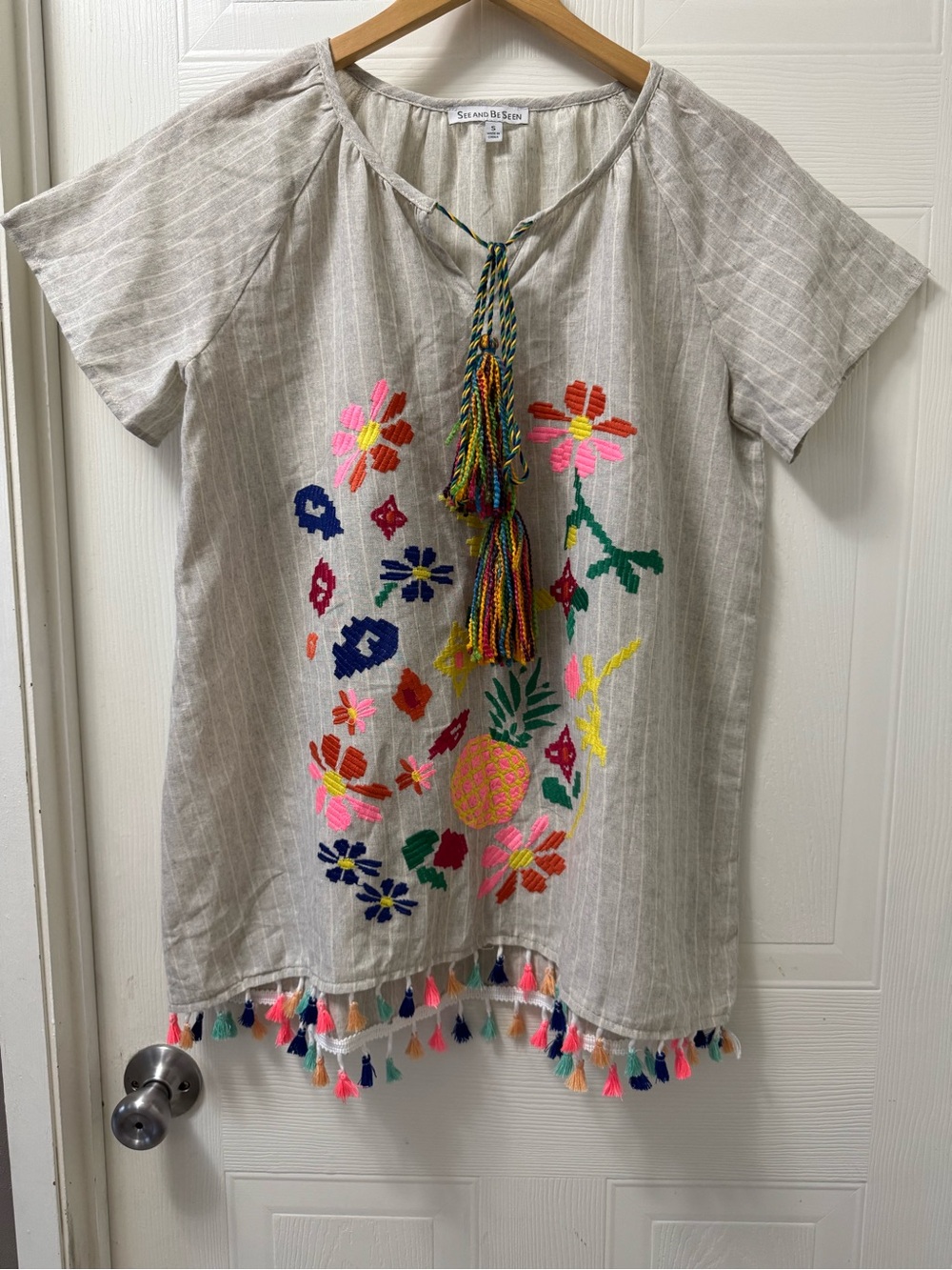 Sea and Sun Embroidered Short Sleeve Kids Tunic - Cream